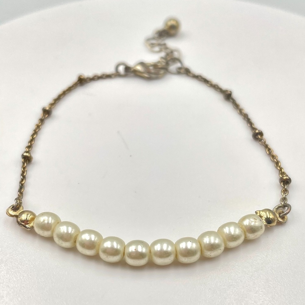 Vintage Y2K Gold Tone Faux Pearl Station Dainty Chain Bracelet Minimalist Retro
